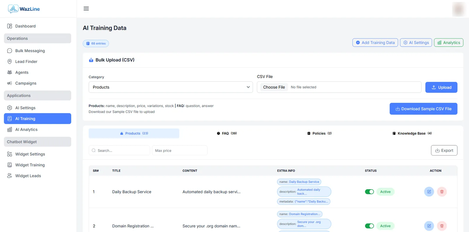 AI Chatbot screen in the Wazline dashboard