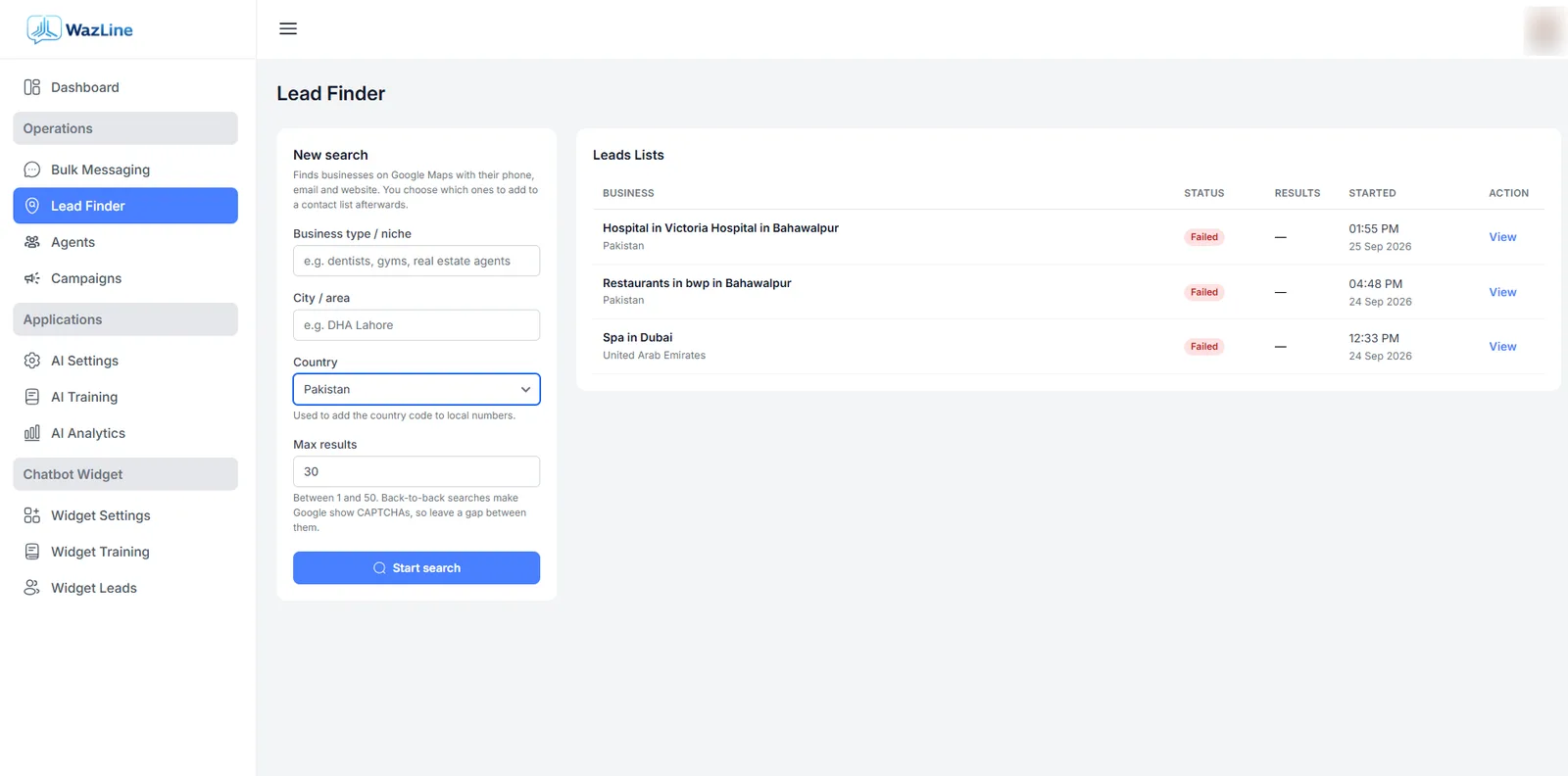 Lead Finder screen in the Wazline dashboard