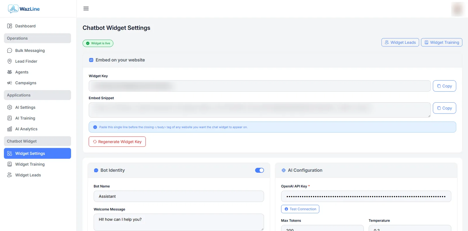 AI Website Chat Widget screen in the Wazline dashboard